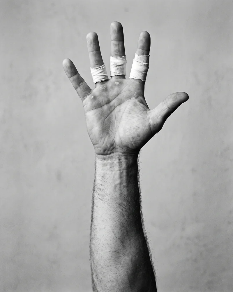 A hand with athletic tape wrapped around three fingers