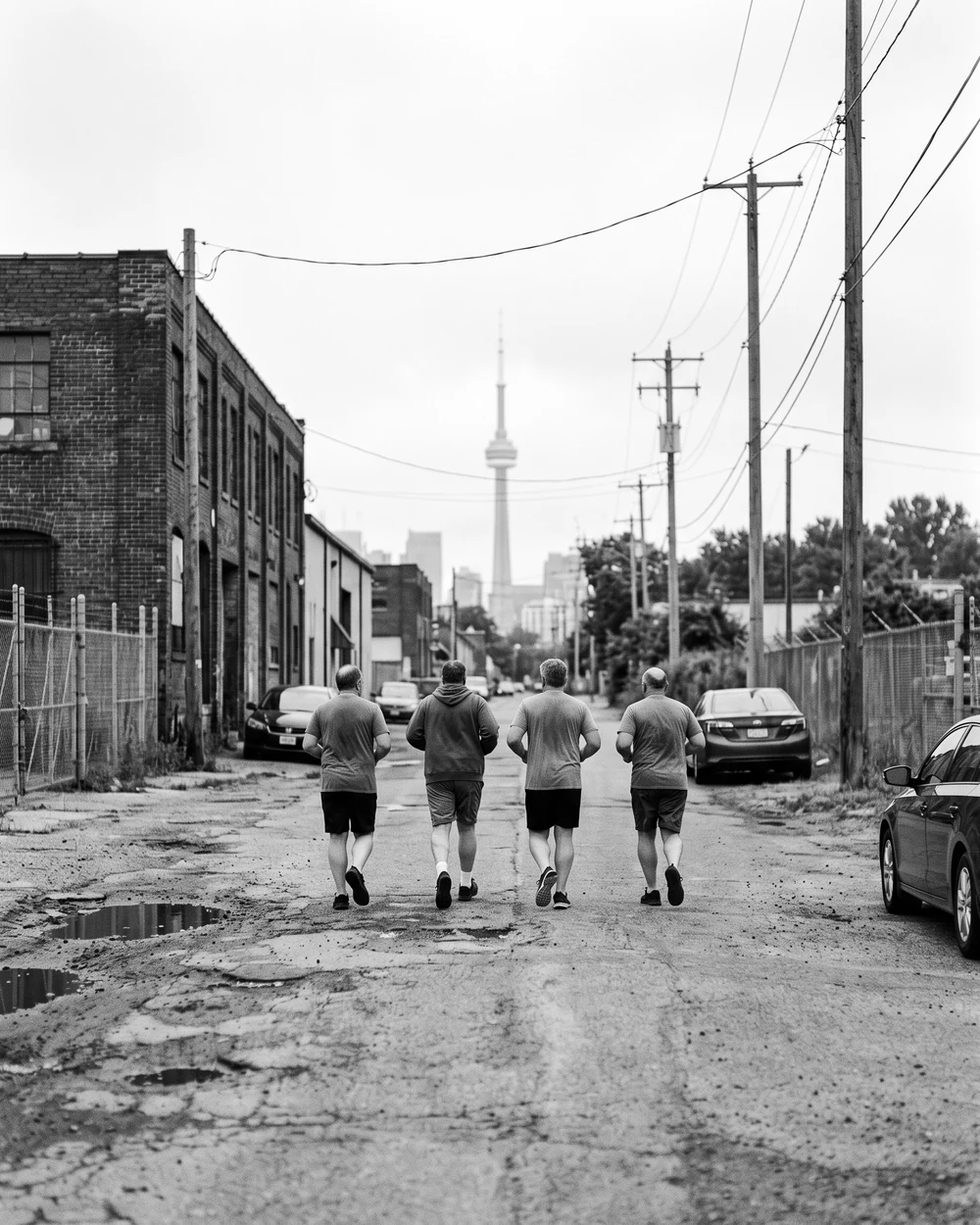 Four men in their forties and fifties running together down a Toronto back street, the CN Tower ahead of them