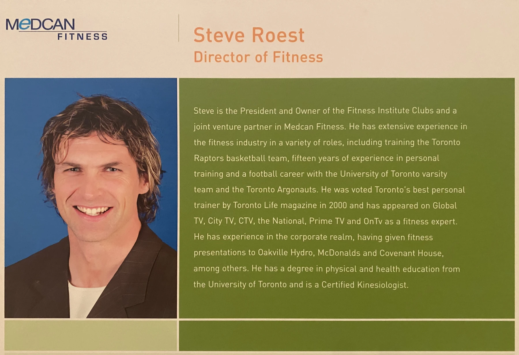 Medcan Fitness staff board: Steve Roest, Director of Fitness